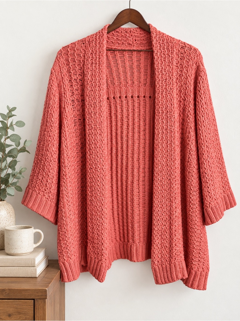 Chunky Open Knit Oversized Cardigan Soft Coral 3/4 Sleeve Chico’s 2 L